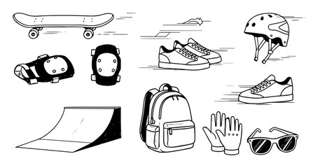 skateboarding equipment doodle icon set vector © Aisha Kudorova