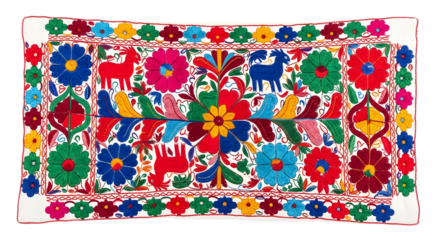 Colorful suzani textile isolated on transparent background, a vibrant display of traditional folk art with intricate floral and animal motifs, handembroidered