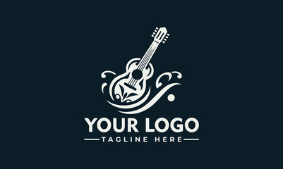 A stylized logo featuring an acoustic guitar surrounded by decorative swirls and a circular design, with text below.