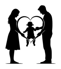 parents holding toddler with heart symbol silhouette