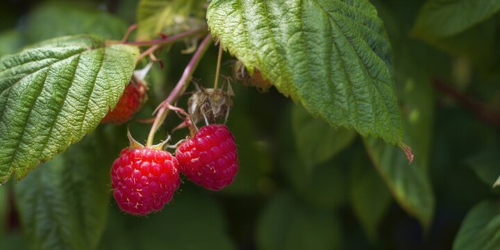 Close-up of ripe red raspberries with green leaves in natural light, ready to be picked.