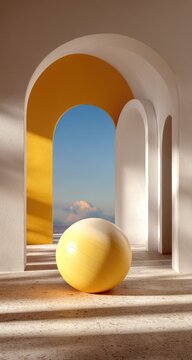 Archway, sunlit hall with yellow sphere