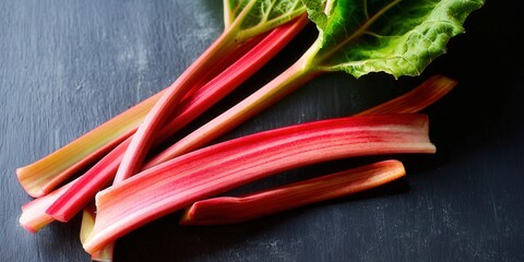 Vibrant red rhubarb stalks with green leaves, arranged on a dark slate surface