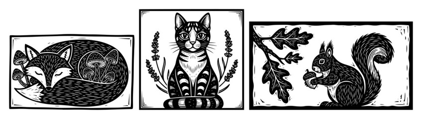 forest animals fox cat squirrel woodcut vector set