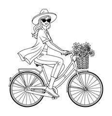 Obraz premium stylish woman cycling bicycle with flower basket summer vector