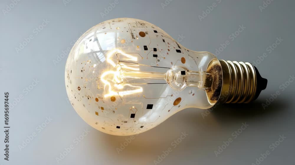 Poster transparent light bulb with abstract circuitry design on gray background