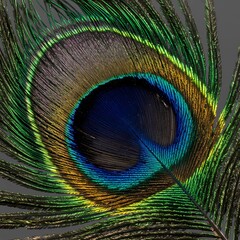 Vibrant macro detail of a peacock's iridescent eye feather, showcasing an exotic pattern with shimmering blue and green colors
