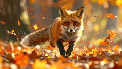 Fototapeta premium A vibrant red fox bursts through a blanket of autumn leaves, showcasing the beauty of fall.