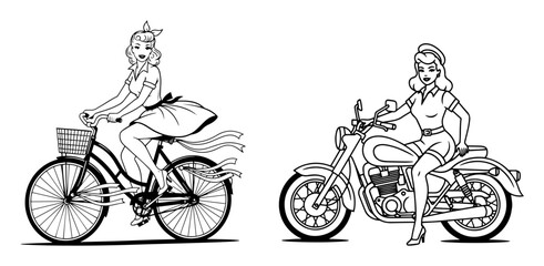 Obraz premium retro pinup girls riding bicycle and motorcycle vector