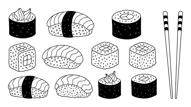sushi and rolls japanese food doodle vector set
