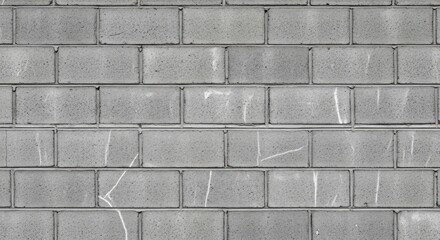 Gray concrete block wall with horizontal rows visible mortar lines and subtle white markings