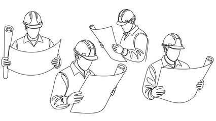 One Line Construction Worker | Continuous Line Art Drawing of Builder Reading Blueprint Illustration