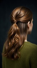 Naklejka premium Woman with a low ponytail hairstyle, back view, elegant and casual look.