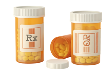 Three prescription medicine bottles with yellow pills isolated on transparent background, symbolizing healthcare and treatment