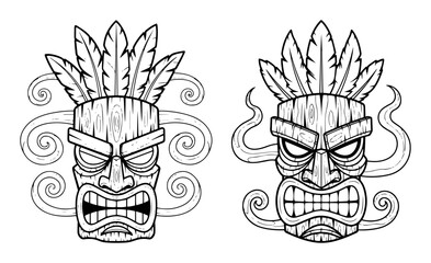 tribal tiki mask angry face coloring page vector set