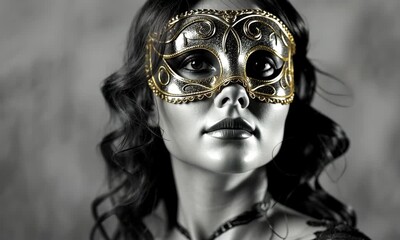 Dramatic black and silver venetian masquerade mask on mysterious woman face with artistic shadows and elegant dark atmosphere - Powered by Adobe