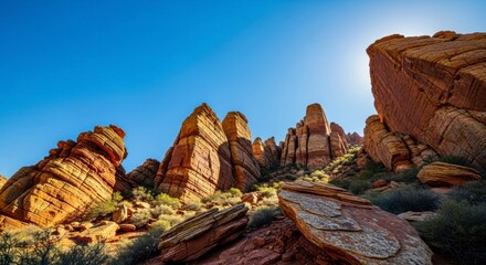 Lowangle view of layered red rocks under a clear blue sky with sparse desert vegetation