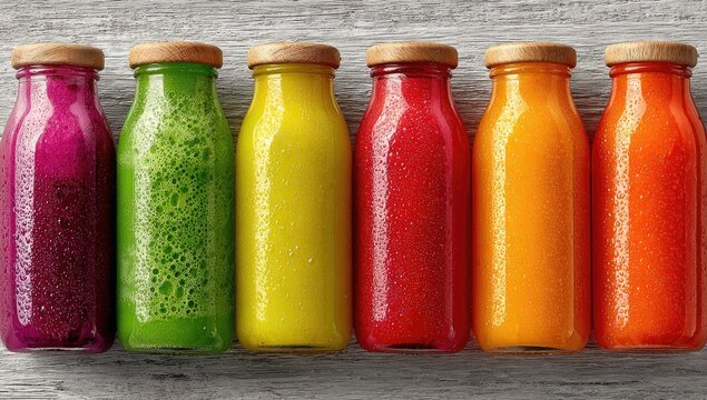 Colorful juice bottles in a row