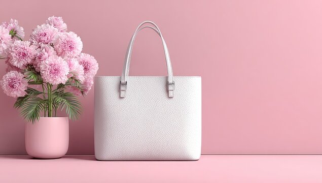 White tote bag beside pink flowers