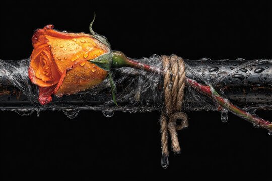 Orange rose bound by rope, water droplets