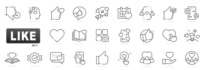 Clean outline like icons featuring hearts, likes, thumbsup, reactions, comments, mobile notifications, community support, influencer marketing, editable stroke vector, social