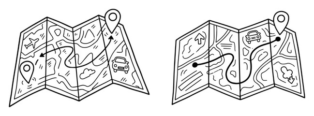 Naklejka premium hand drawn travel map with route and pin vector doodle