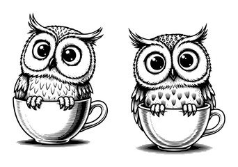 cute owl in coffee cup hand drawn sketch vector illustration