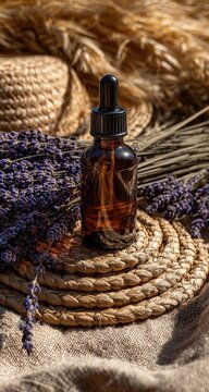 Amber glass dropper bottle on woven rope, surrounded by lavender and straw
