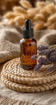 Amber dropper bottle with lavender on natural material