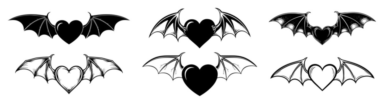 heart with bat and demon wings tattoo icon set