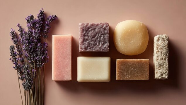 Assorted handmade soaps arranged on a blush-colored surface with lavender sprigs