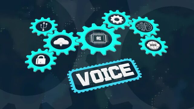Artificial intelligence voice assistant, glowing neon gear automation with AI sound and speech technology, futuristic audio communication design