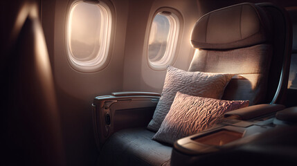 Window View of Luxury Airplane Seat, Air Travel Experience, Comfort and Relaxation in Flight