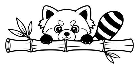 cute red panda on bamboo cartoon coloring page vector