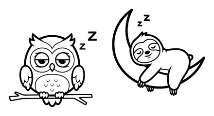cartoon owl and sloth sleeping vector illustration