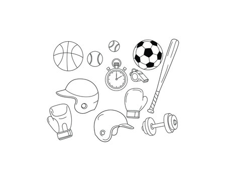 A collection of sports equipment including balls, helmets, boxing gloves, a stopwatch, a whistle, a bat, and a dumbbell, all in a simple line drawing.
