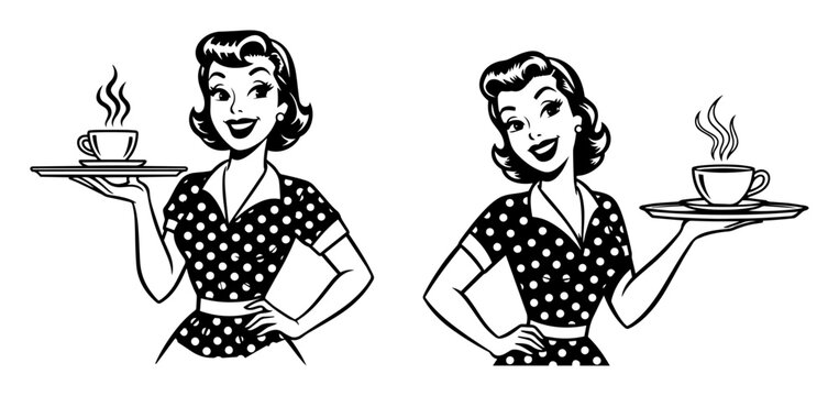 retro waitress woman serving coffee vintage vector logo - Powered by Adobe