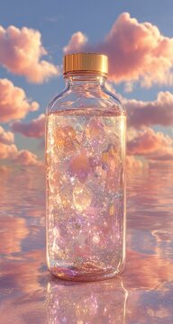 Clear glass bottle with iridescent crystals, pastel sky backdrop