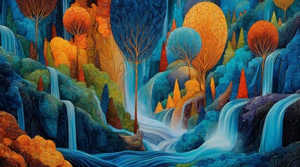 A vivid, whimsical dreamscape unfolds with multi-tiered waterfalls and fantastical flora.