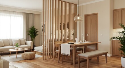 Modern Open-Plan Living Space with Wooden Partition and Contemporary Furniture.