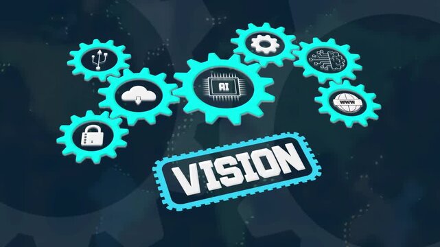 Artificial intelligence vision technology, neon gear cogwheel automation with AI computer vision, futuristic eye recognition and digital image analysis