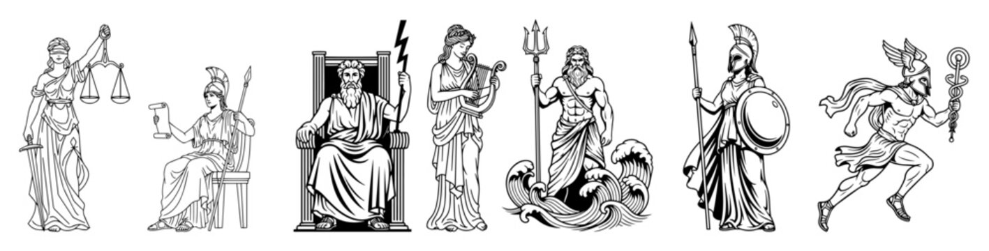 greco roman mythology gods and goddesses line art set