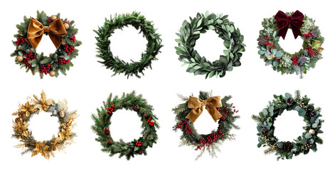 PNG Festive wreaths with bows, element set on transparent background