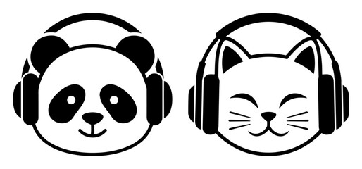 panda and cat heads with headphones vector icon set