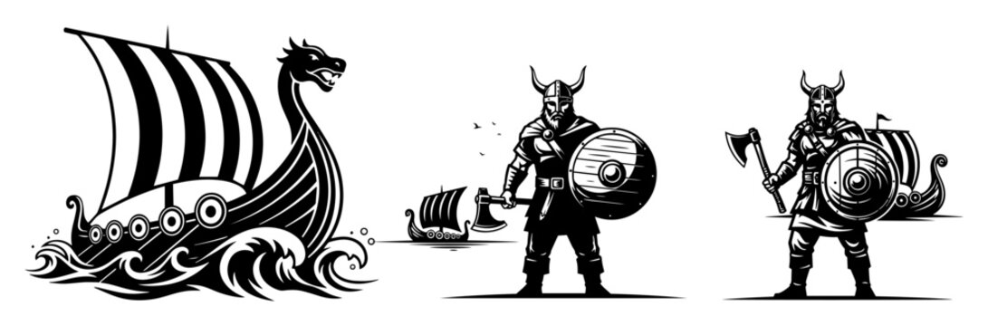 viking warrior and longship drakkar boat vector set