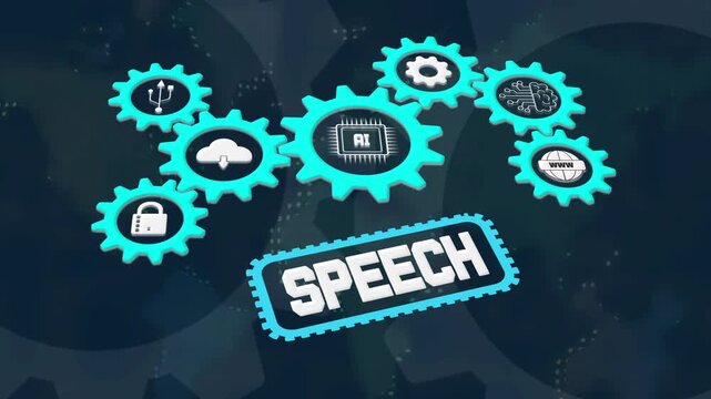 Digital speech system, futuristic neon AI gears for sound, audio and natural language processing technology