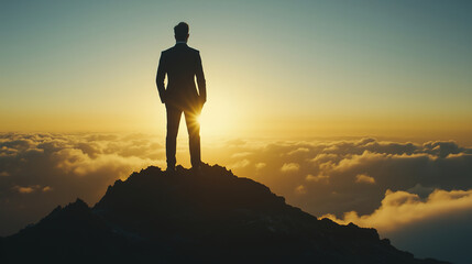 Businessman standing on mountain peak above clouds at sunrise, symbolizing success, achievement, and leadership in a dramatic scenic landscape