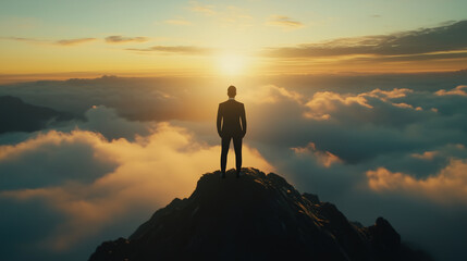 Businessman standing on mountain peak above clouds at sunrise, symbolizing success, achievement, and leadership in a dramatic scenic landscape
