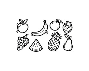 Simple black and white line drawings of various fruits, including apple, banana, orange, strawberry, grapes, watermelon, pineapple, and pear.