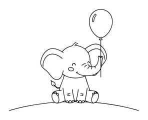 cute baby elephant with balloon coloring page vector